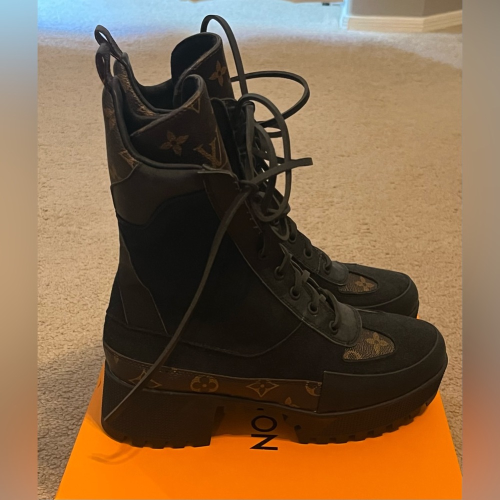 be inspired Black Combat Boots with Brown Monogram Accents